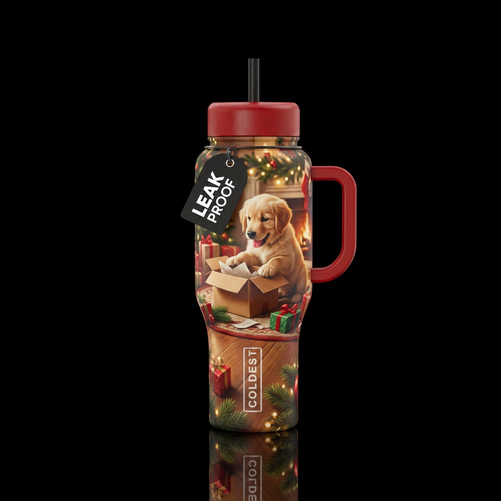 Puppy playing with a box on Christmas morning, fun... water bottle design