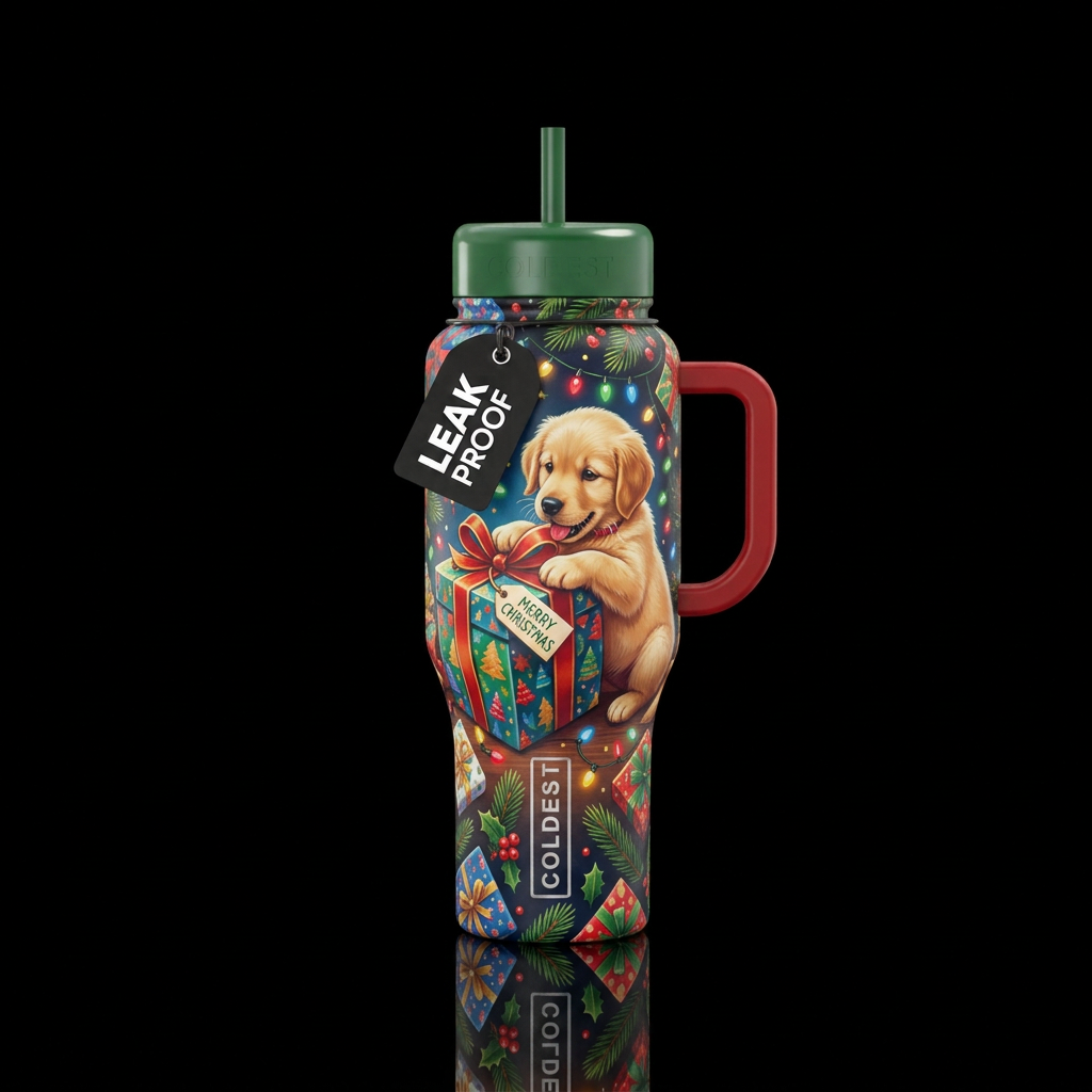 Puppy playing with a box on Christmas morning, fun... water bottle design