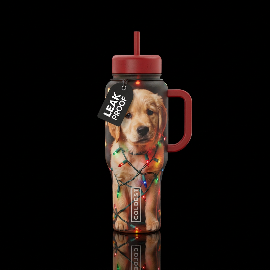 Puppy tangled in Christmas lights, cute, adorable,... water bottle design