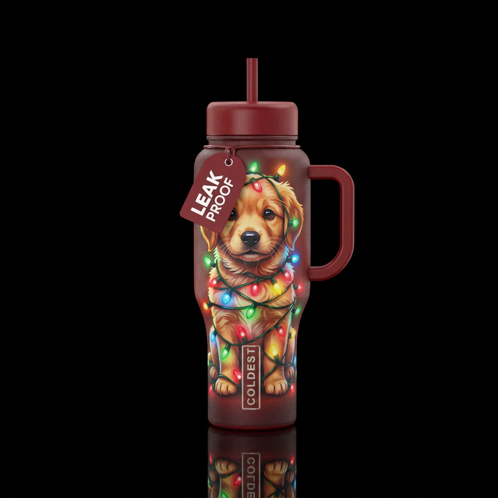 Puppy tangled in Christmas lights, cute, adorable,... water bottle design