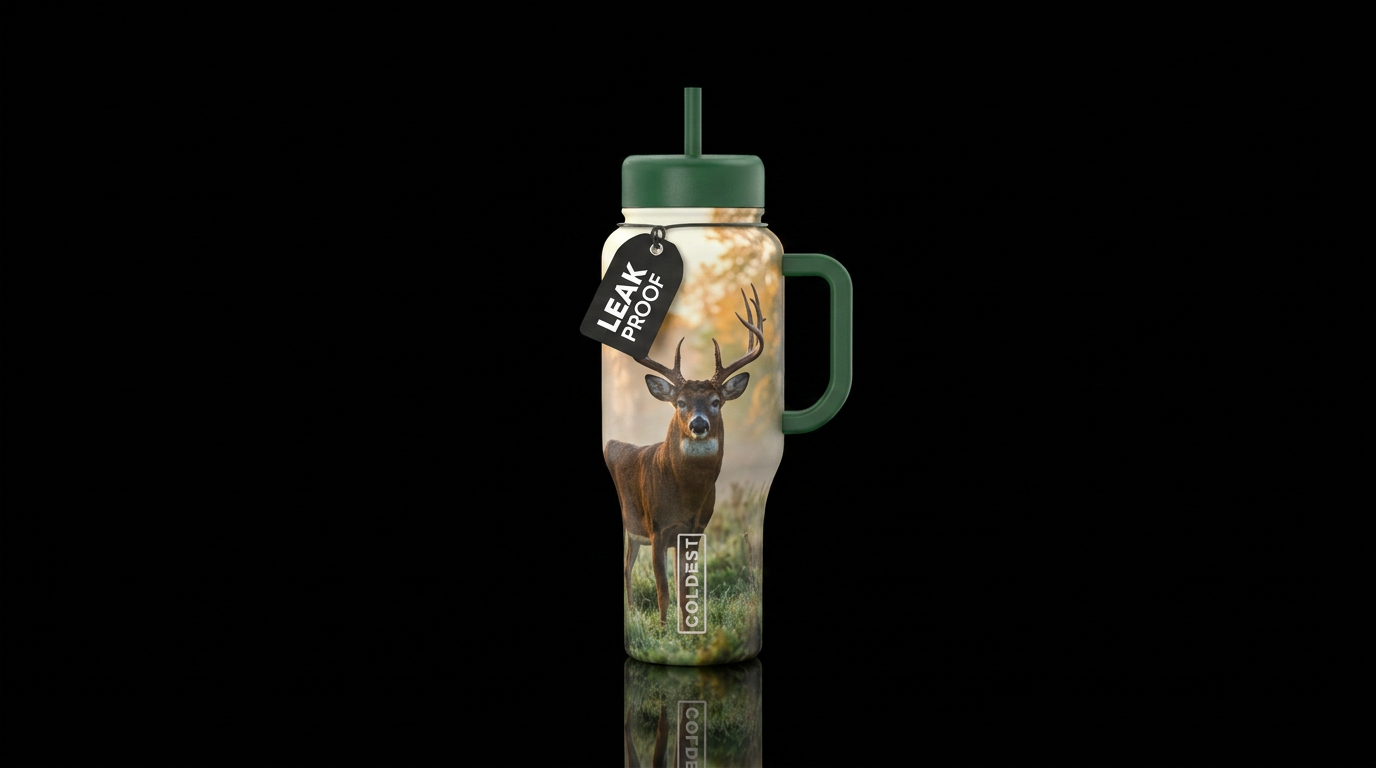 A beautiful buck on a misty morning, realism, vibr... water bottle design