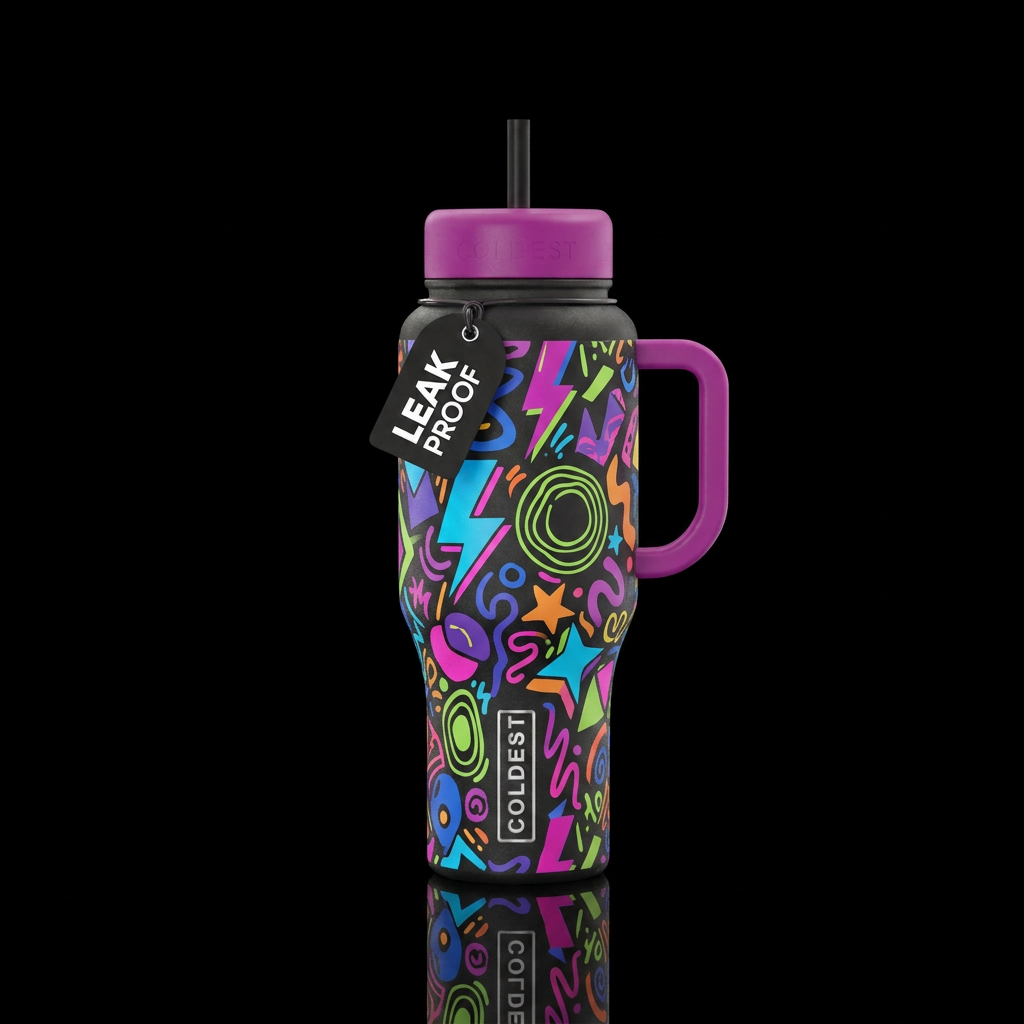 Eccentric design, vibrant colors, fun water bottle design