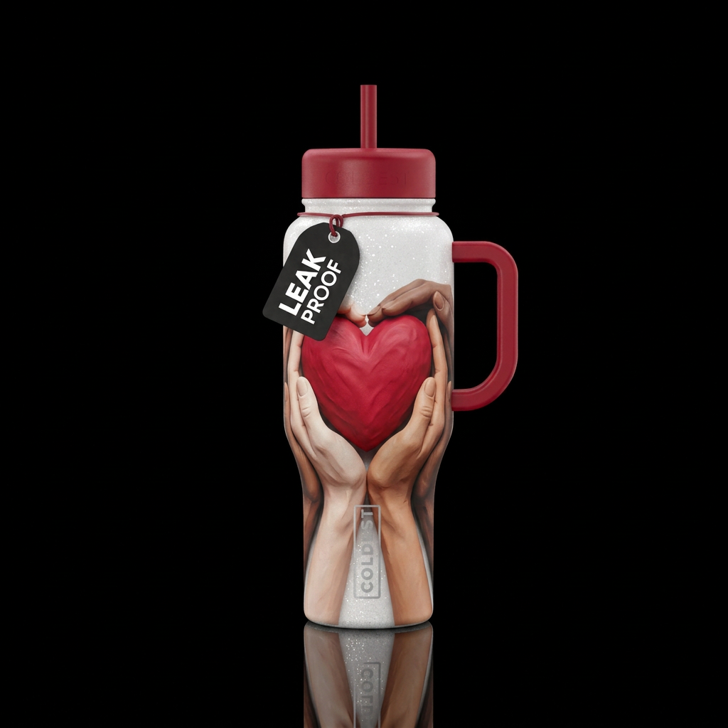 Sculpted hands holding a red heart, vibrant colors... water bottle design