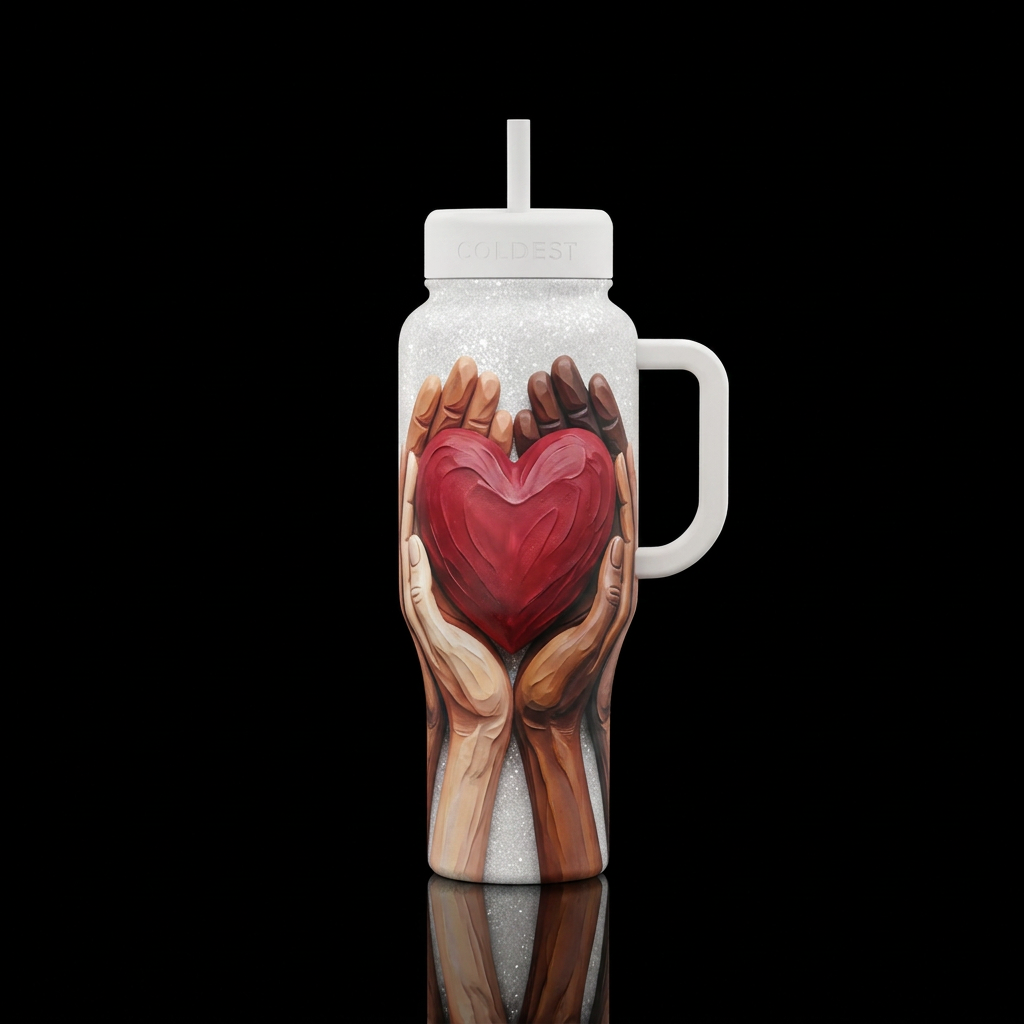 Sculpted hands holding a red heart, vibrant colors... water bottle design