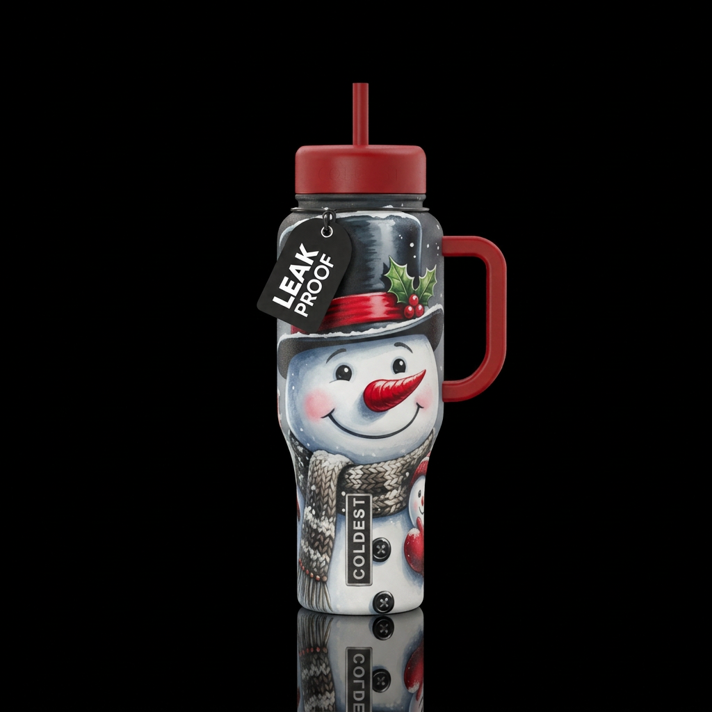 Snowman head with a black top hat lined with red a... water bottle design