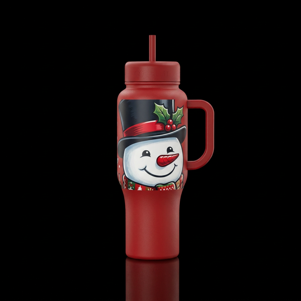 Snowman head with a black top hat lined with red a... water bottle design