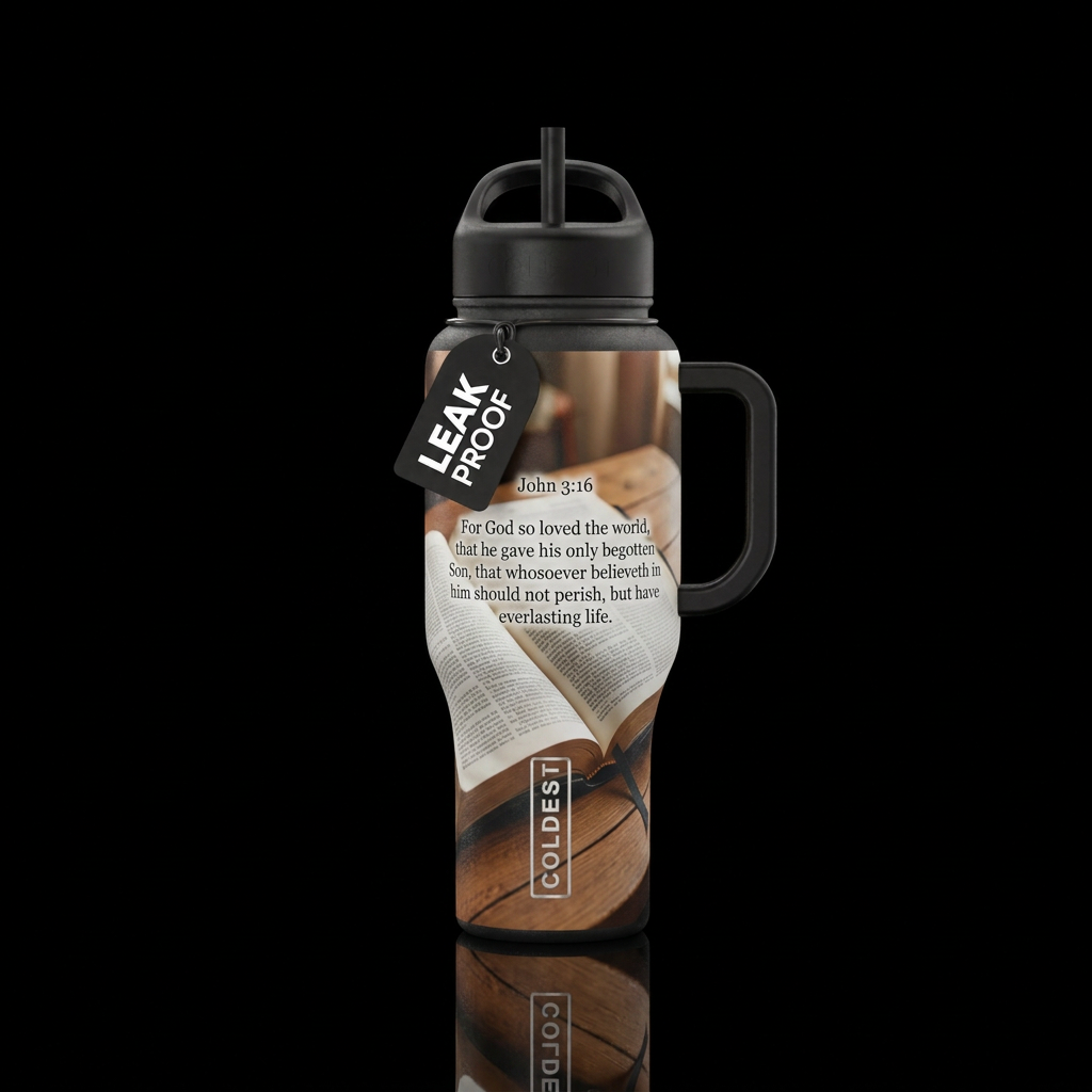 An open Bible showing bible verse John 3:16, on a ... water bottle design