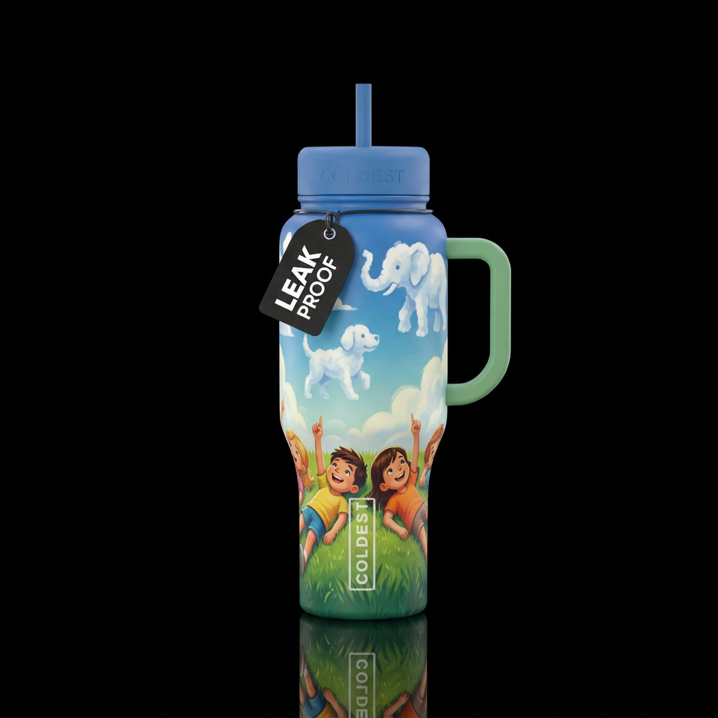 Children laying on the grass looking at clouds and... water bottle design