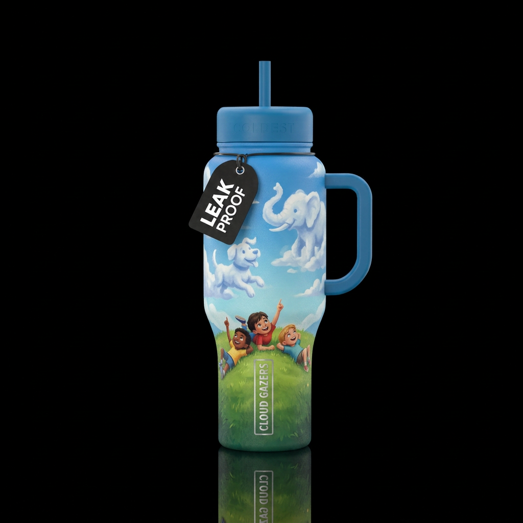 Children laying on the grass looking at clouds and... water bottle design