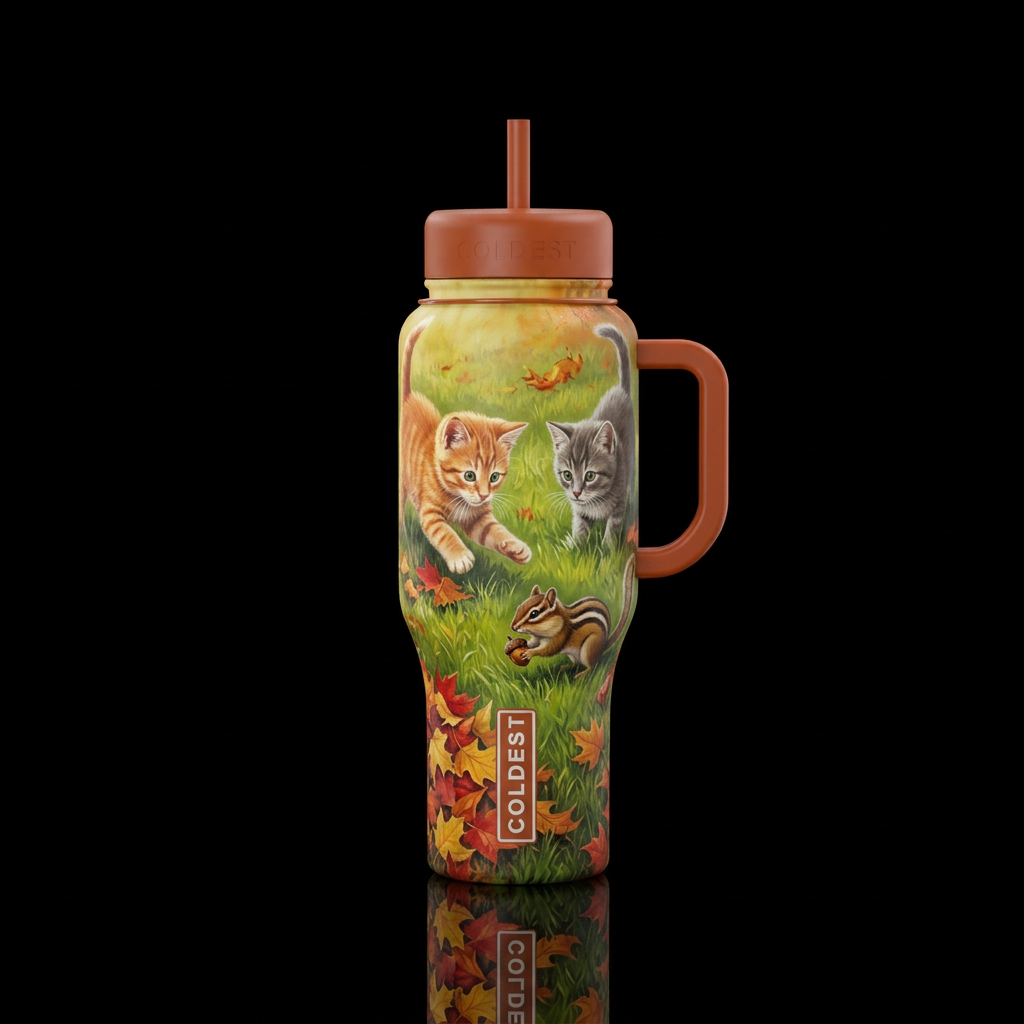 2 kittens and a chipmunk playing in the grass on a... water bottle design