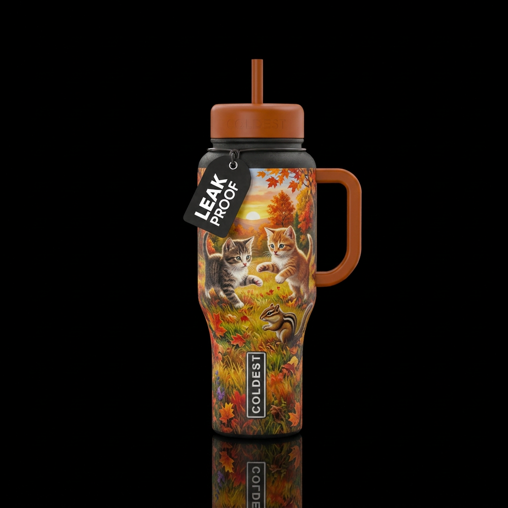2 kittens and a chipmunk playing in the grass on a... water bottle design