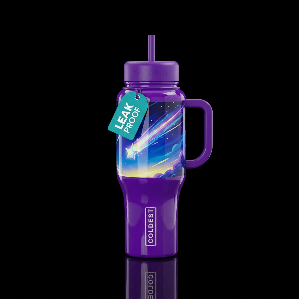 A shooting star on a bright evening, vibrant color... water bottle design