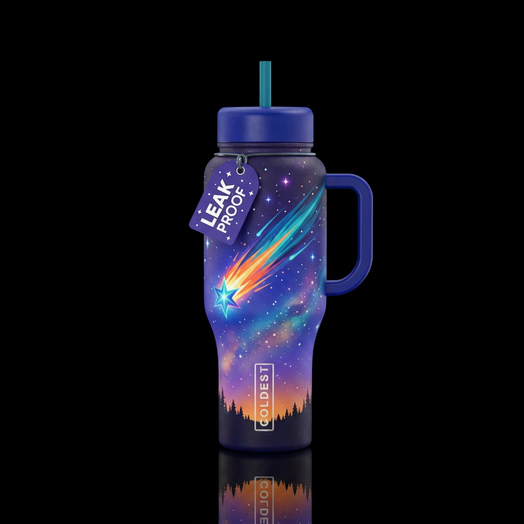 A shooting star on a bright evening, vibrant color... water bottle design