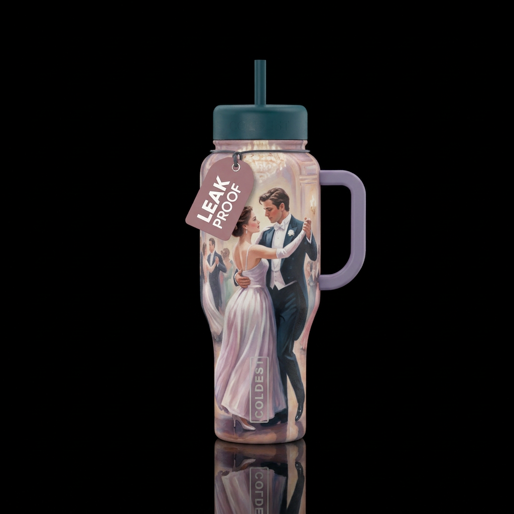 Realism, a couple waltzing to a peaceful melody, s... water bottle design