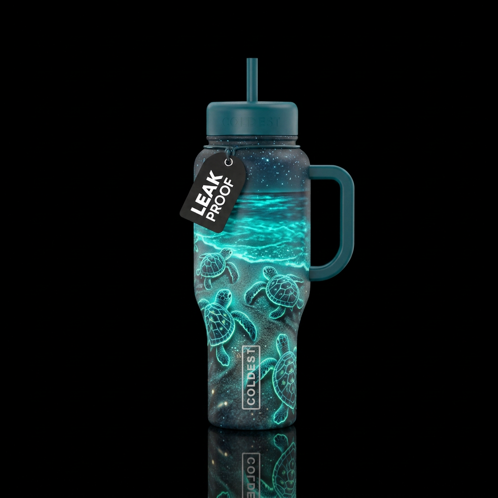 Glowie sea turtles leaving the nest in the sand he... water bottle design