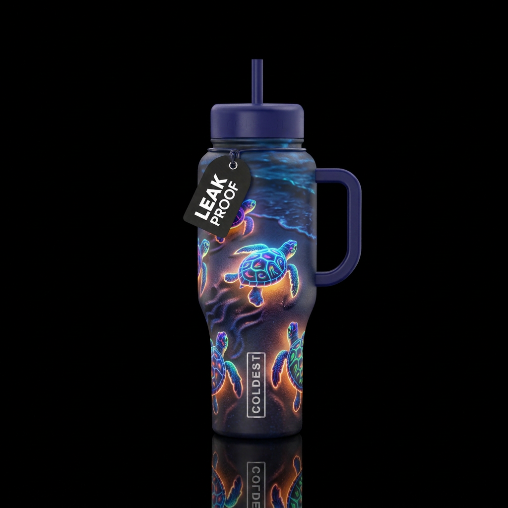 Glowie sea turtles leaving the nest in the sand he... water bottle design