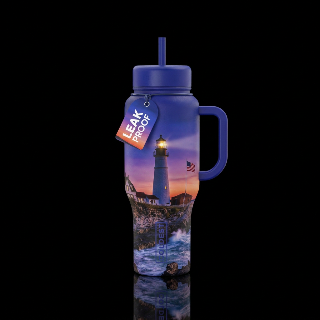 lighthouse, dusk, lights shing, waves crashing, Am... water bottle design