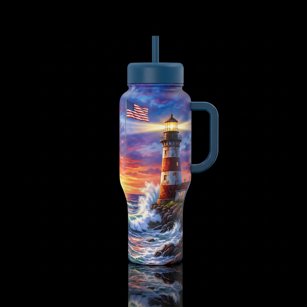 lighthouse, dusk, lights shing, waves crashing, Am... water bottle design