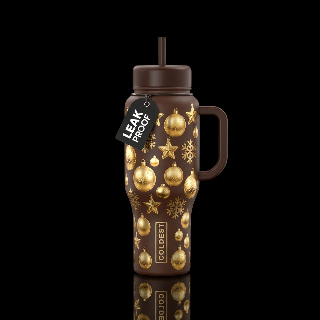 Rich, chocolate  bottle with gold, shiny Christmas... water bottle design