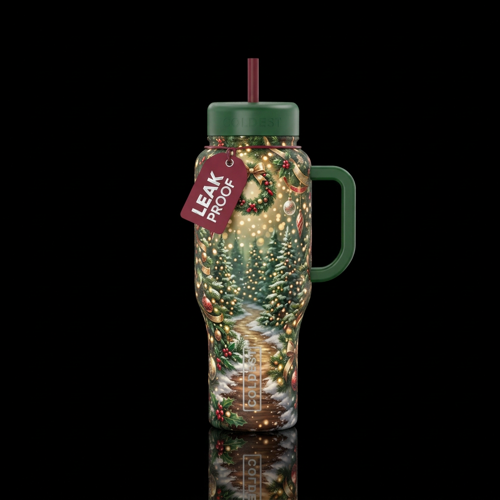 An enchanted trail with Lights and Christmas decor... water bottle design