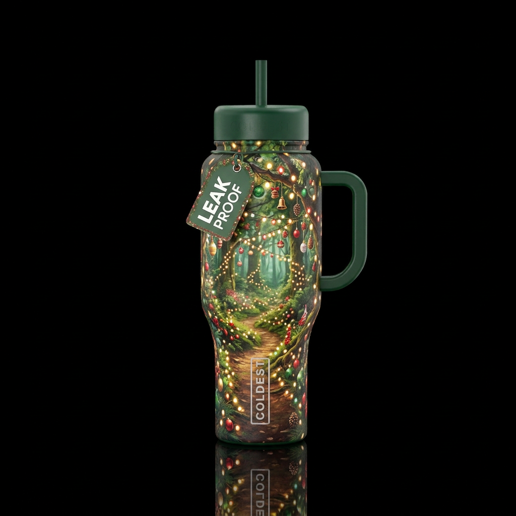 An enchanted trail with Lights and Christmas decor... water bottle design