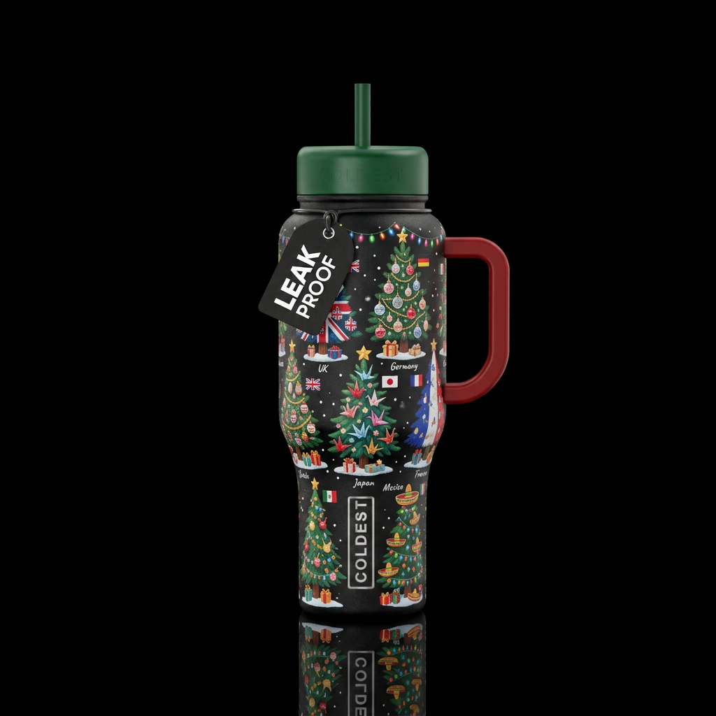 Christmas Tree Festival with different countries r... water bottle design