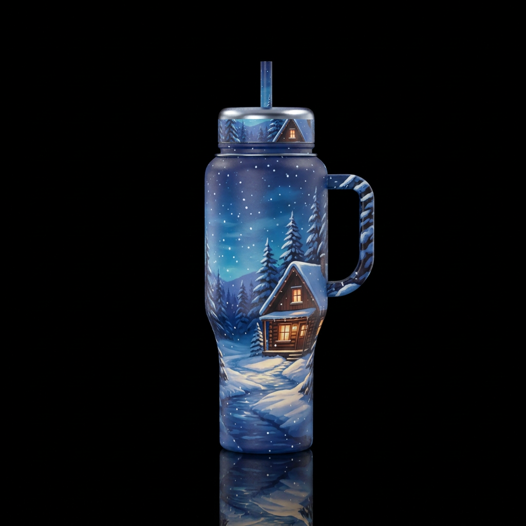 Peaceful snowy night, vibrant, cozy in the window ... water bottle design