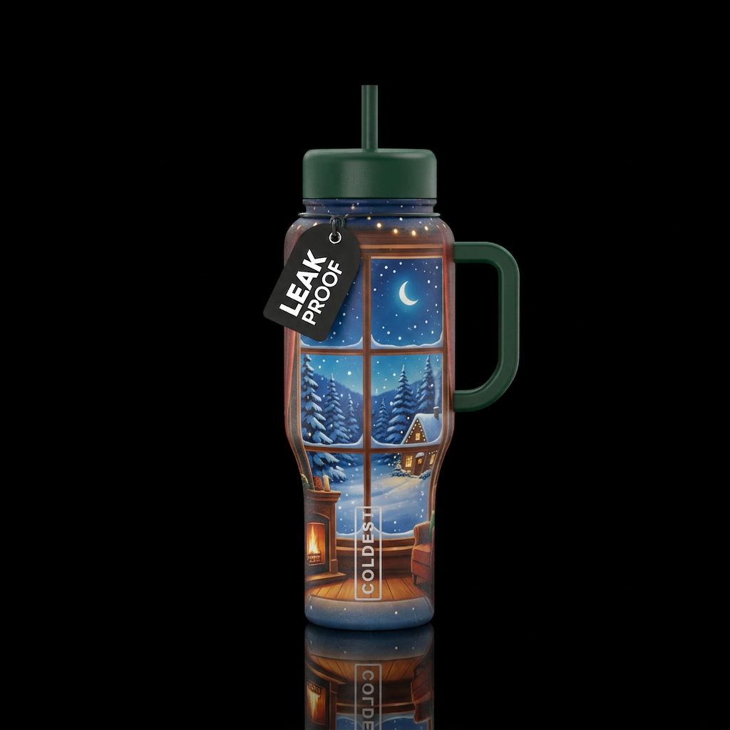 Peaceful snowy night, vibrant, cozy in the window ... water bottle design