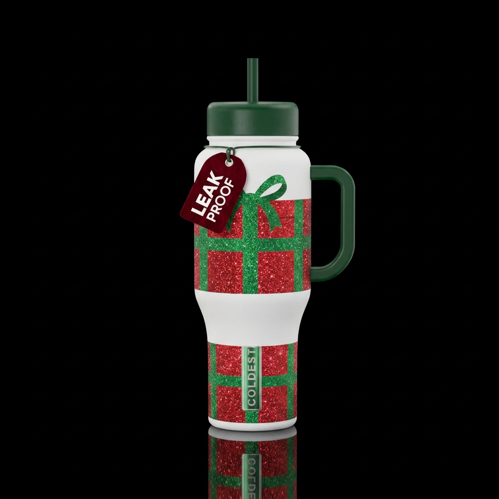 New red, sparkly Christmas gift on a snow white bo... water bottle design