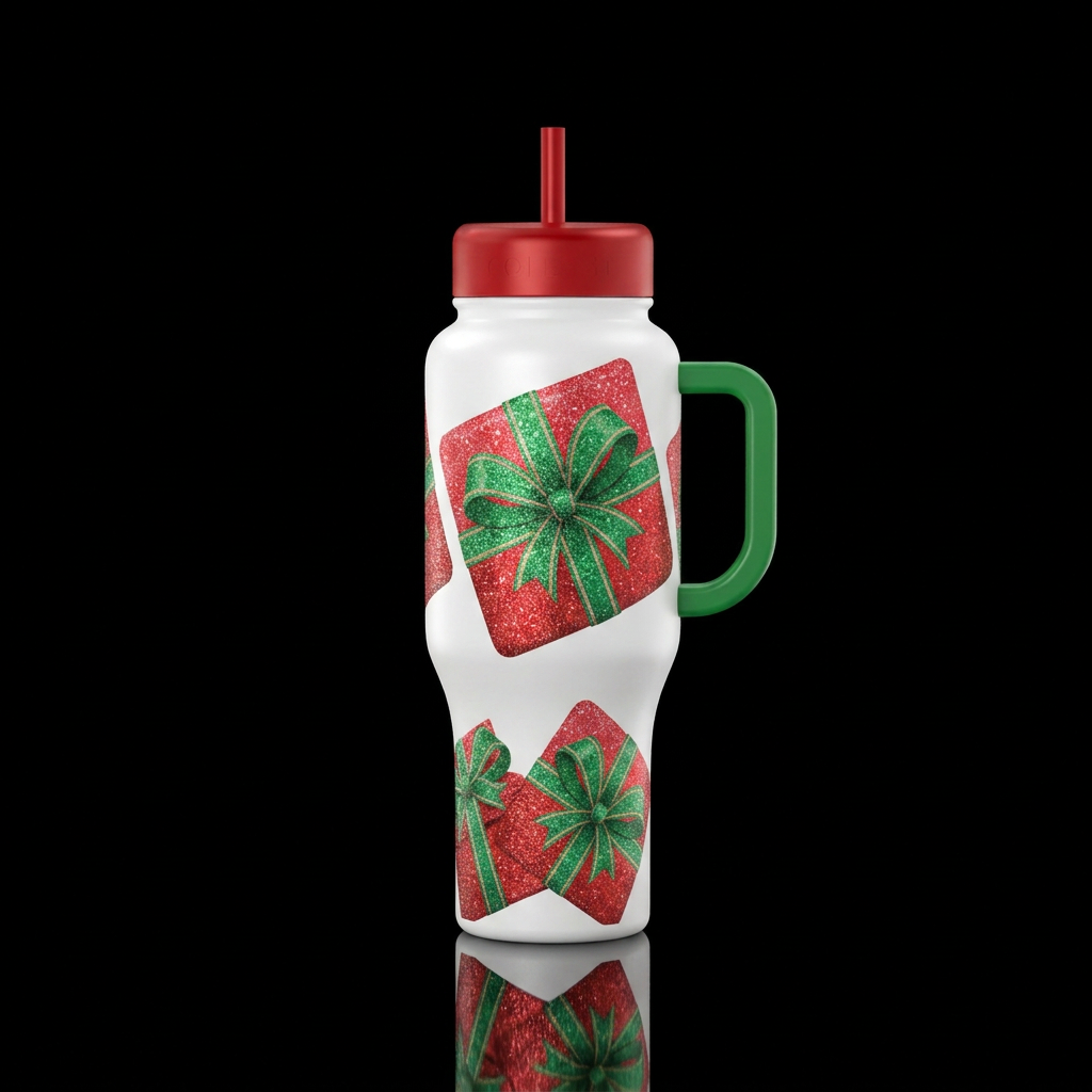 New red, sparkly Christmas gift on a snow white bo... water bottle design