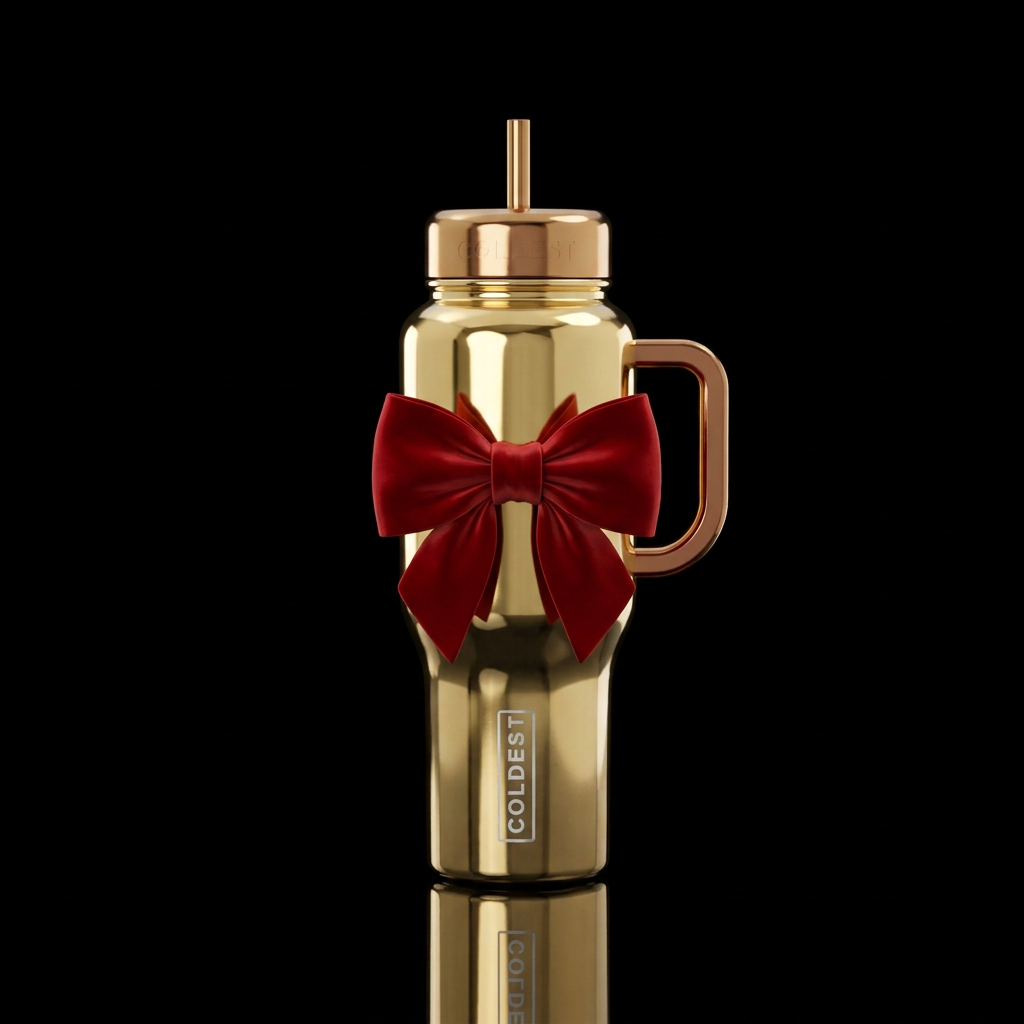 Gold shiny bottle with red bow on the bottle water bottle design