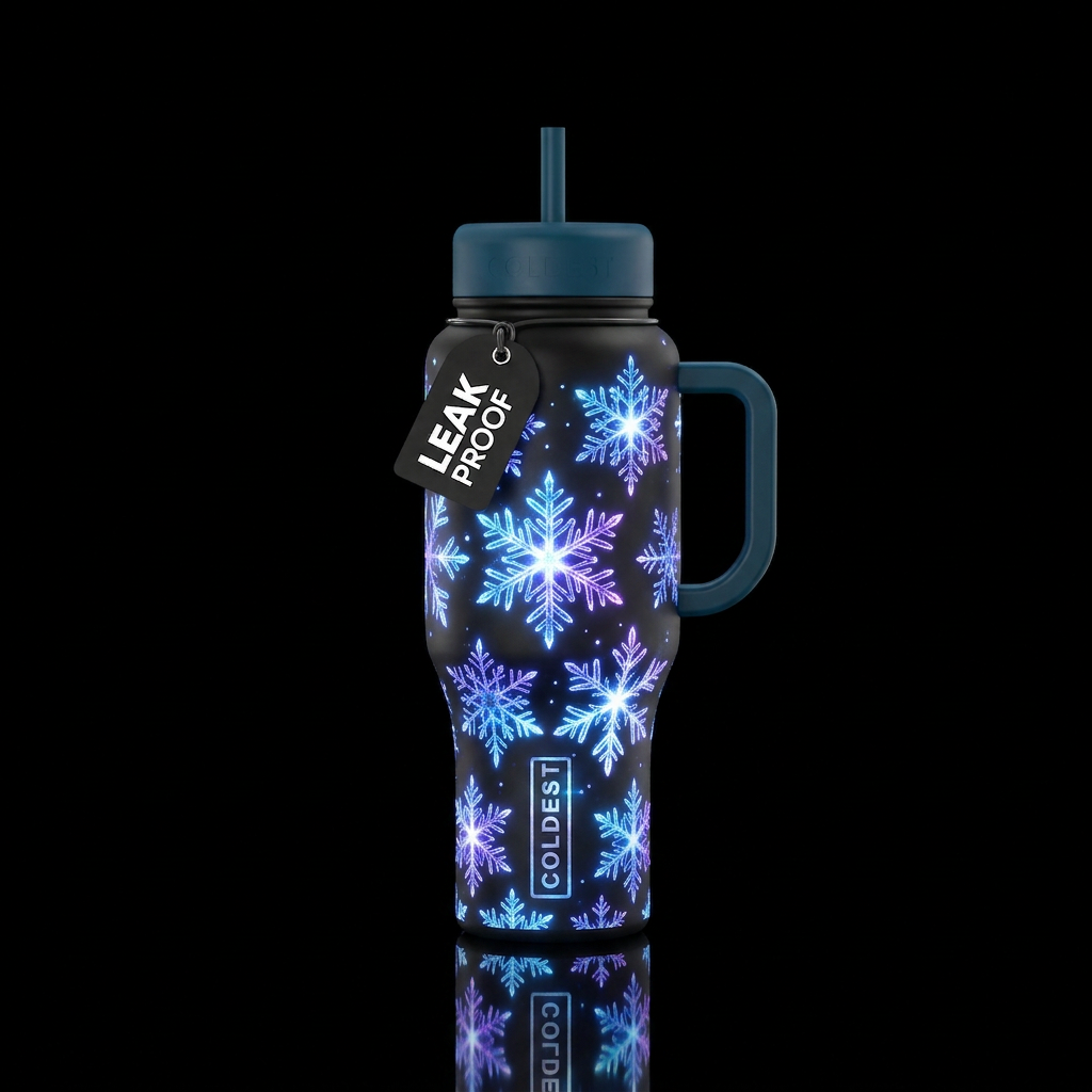 Black bottle with glowing snowflakes covering the ... water bottle design