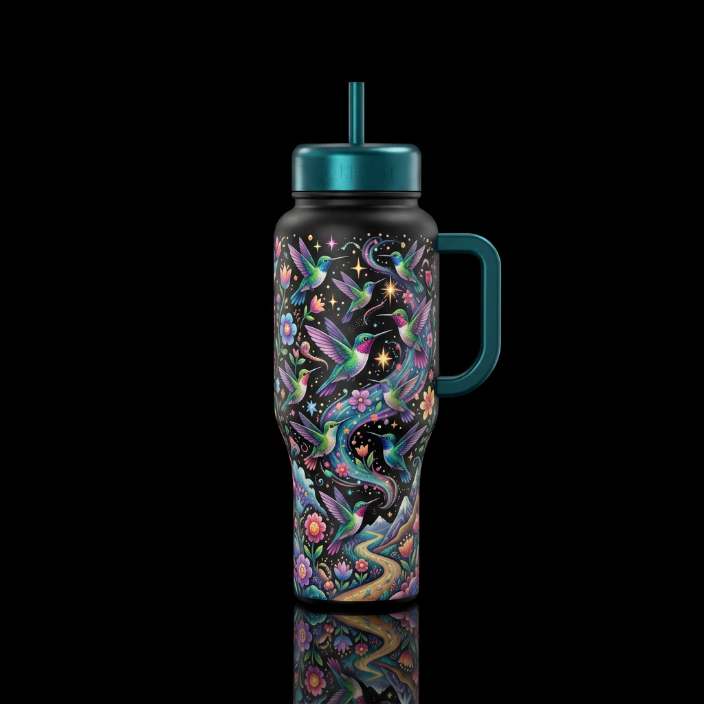 happy mood, magical, whimsical, hummingbird migrat... water bottle design