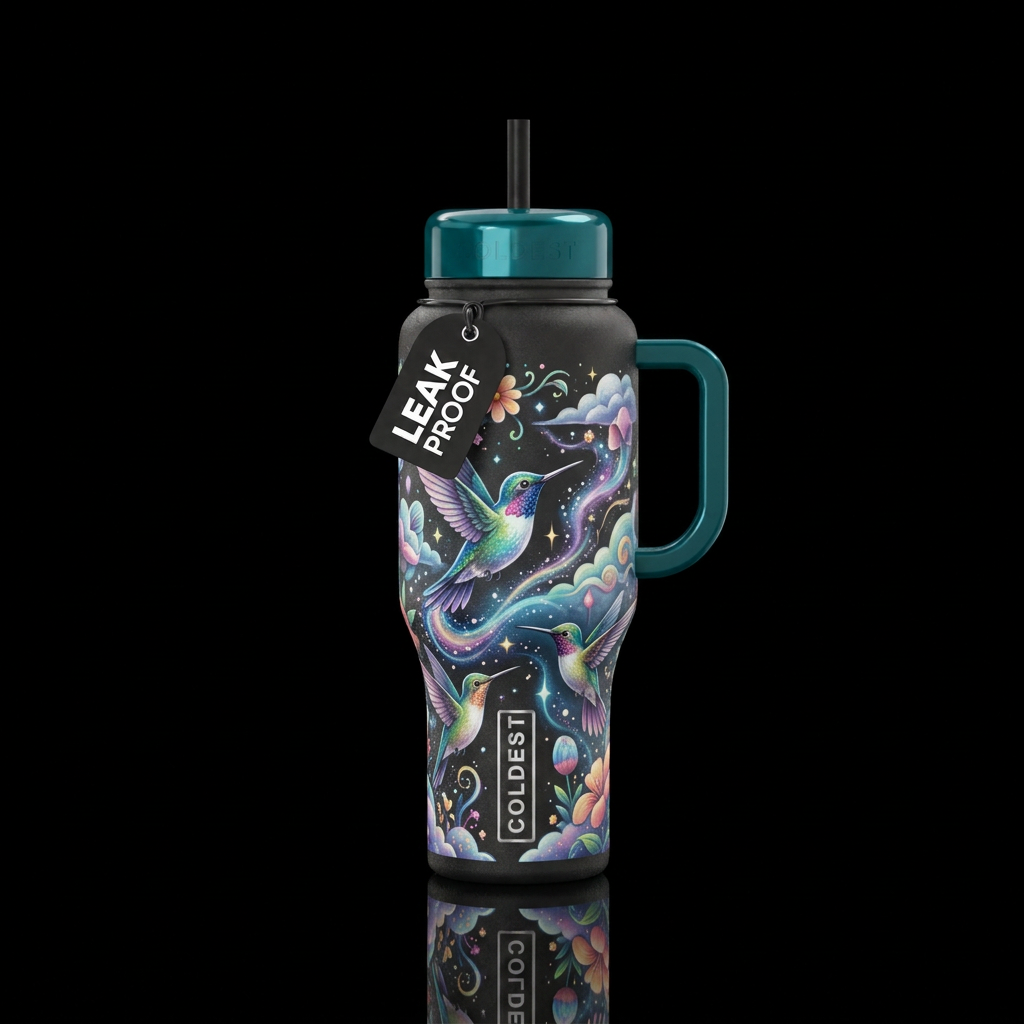 happy mood, magical, whimsical, hummingbird migrat... water bottle design