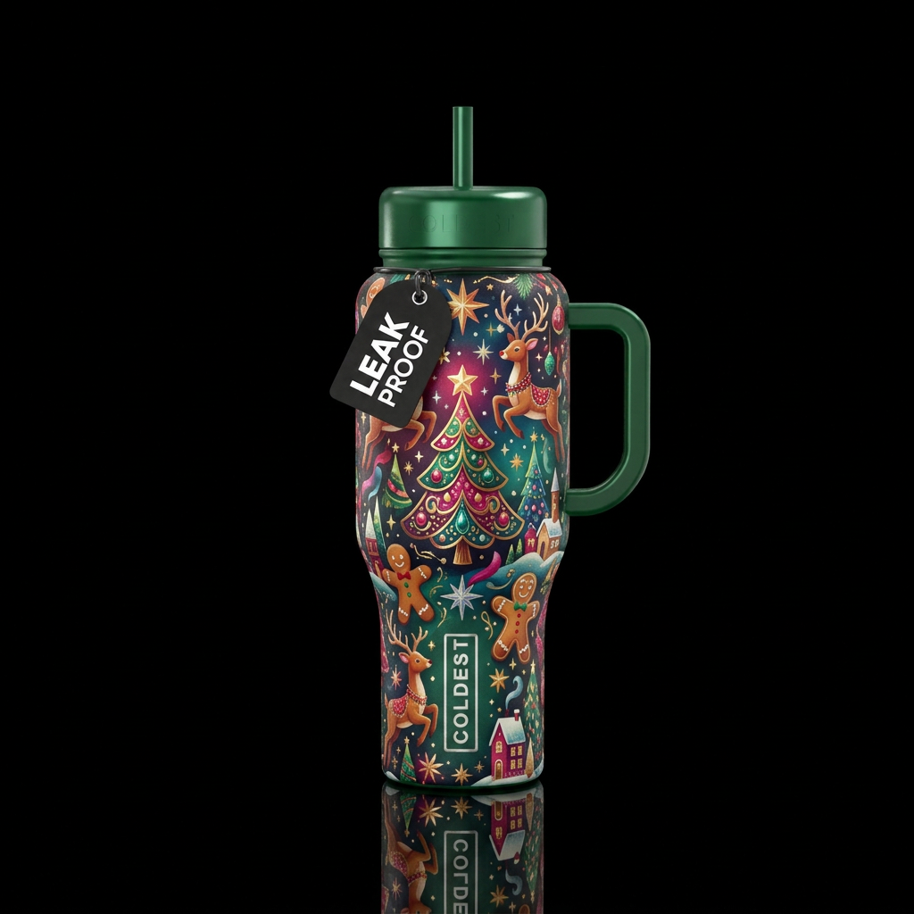 happy mood, vibrant, whimsical, magical, Christmas... water bottle design
