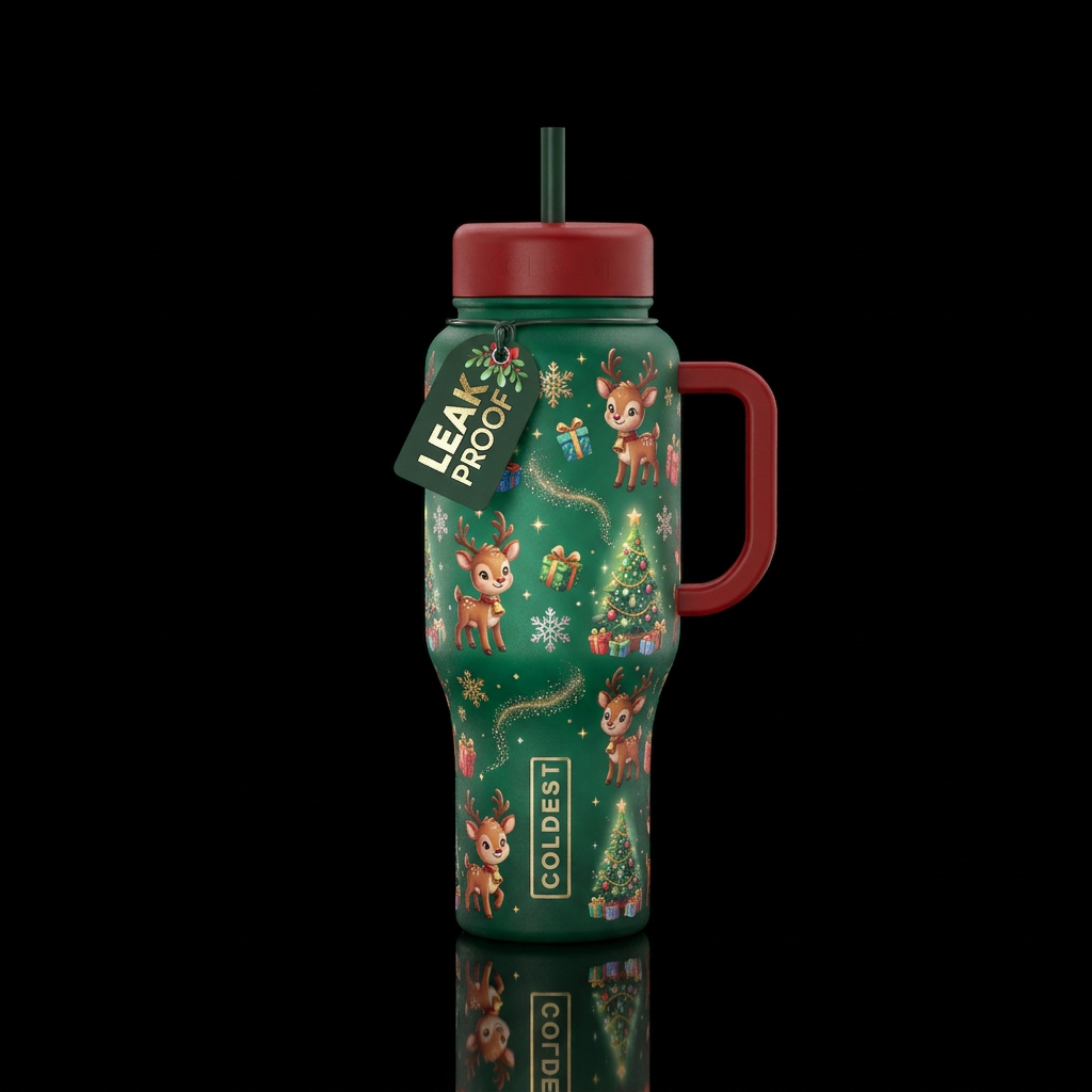 happy mood, vibrant, whimsical, magical, Christmas... water bottle design