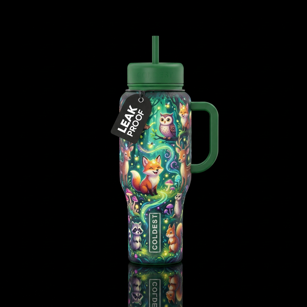 whimsical, magical, happy mood, fun, forest animal... water bottle design