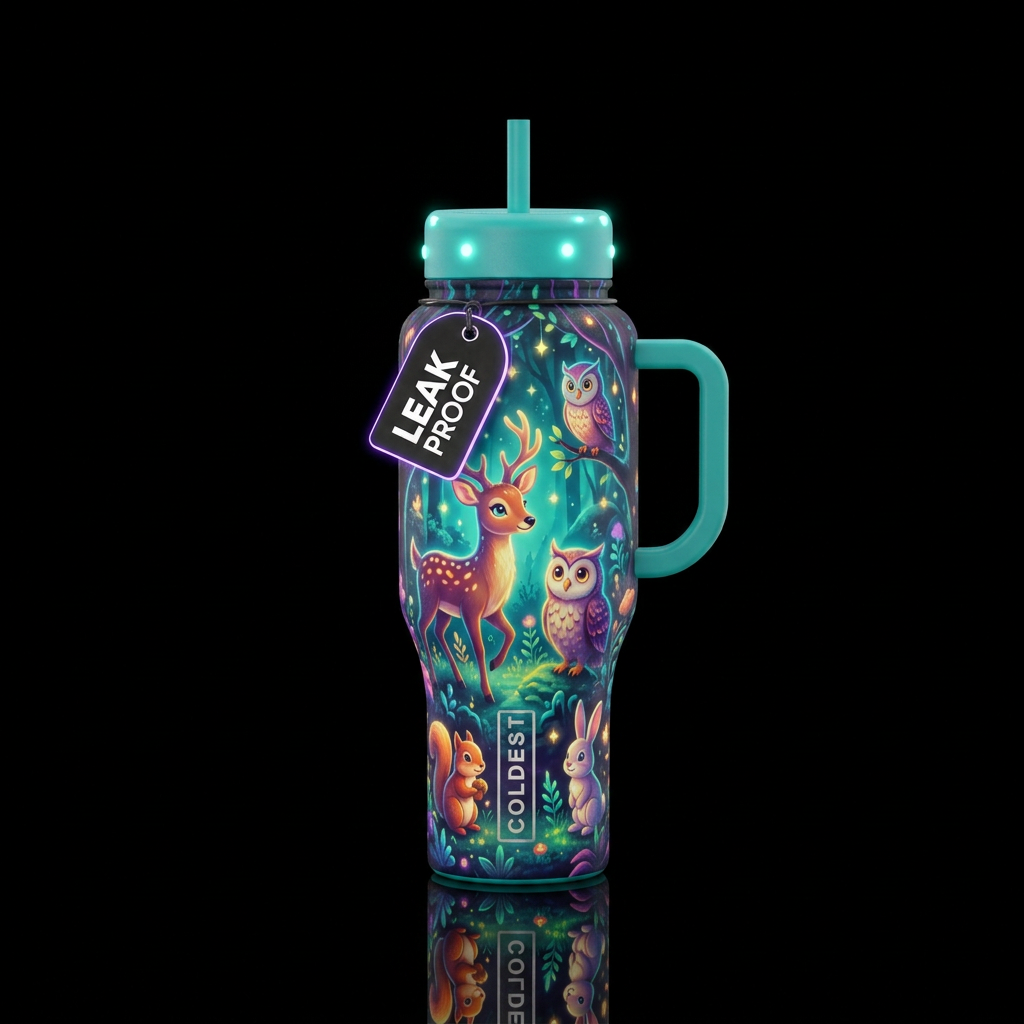 whimsical, magical, happy mood, fun, forest animal... water bottle design