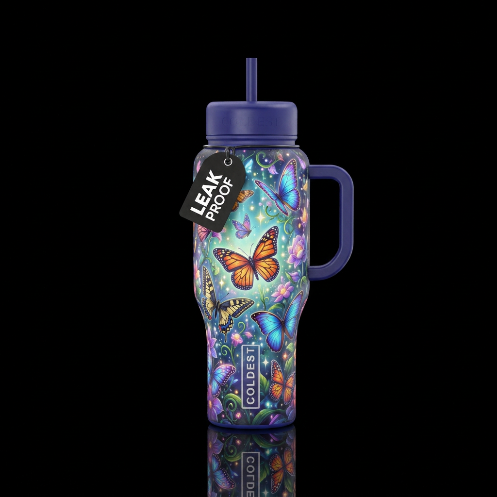 Butterfly garden, vibrant, whimsical, happy mood, ... water bottle design