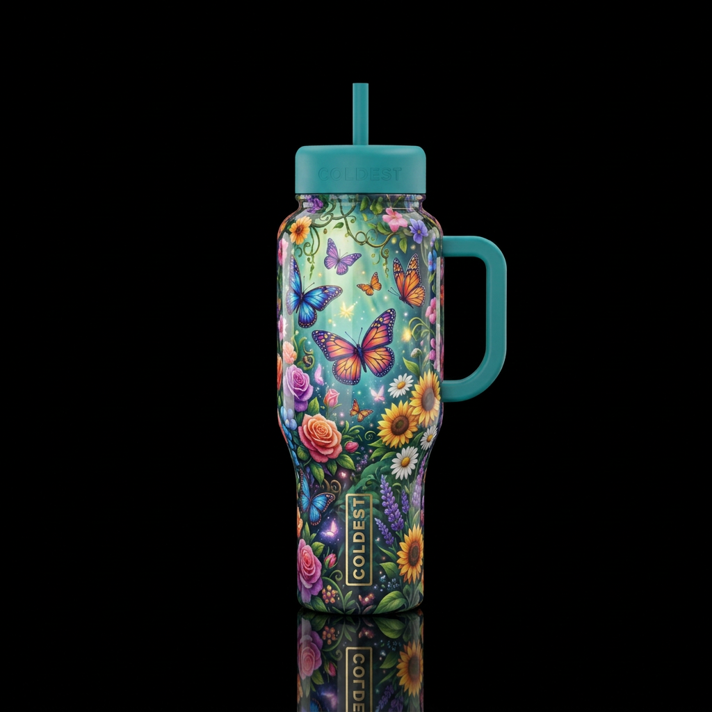 Butterfly garden, vibrant, whimsical, happy mood, ... water bottle design