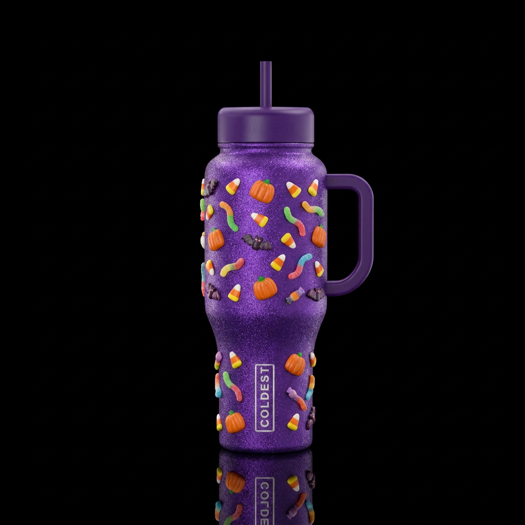 Purple sparkly bottle with candy pumpkins, candy c... water bottle design