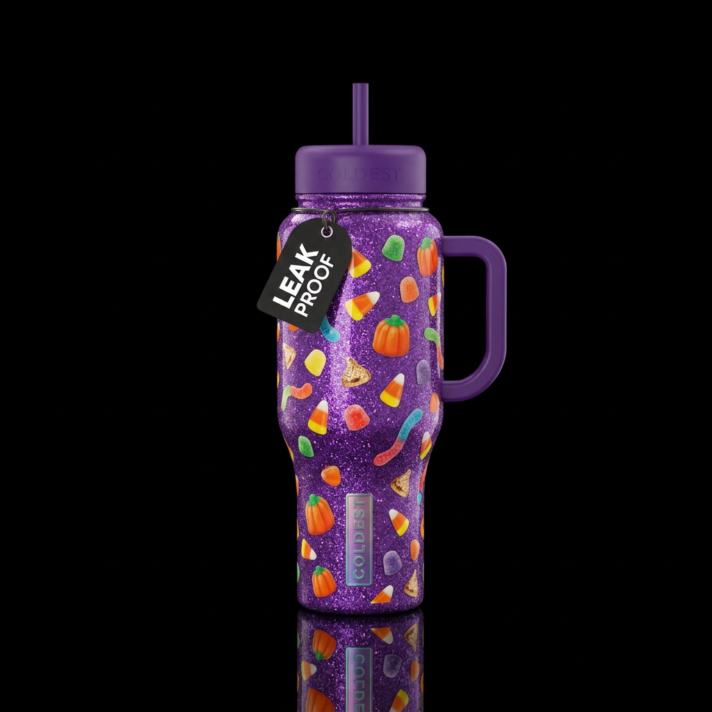 Purple sparkly bottle with candy pumpkins, candy c... water bottle design