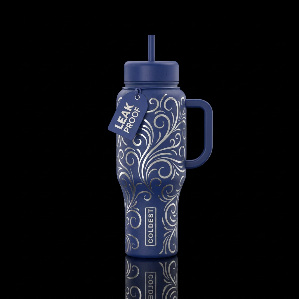 sapphire colored bottle, silver swirls, beautiful,... water bottle design
