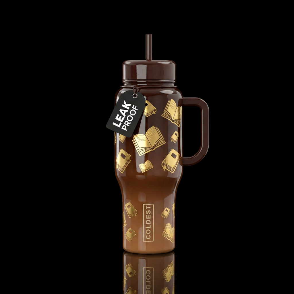 Brown ombré glossy bottle, gold books, beautiful, ... water bottle design