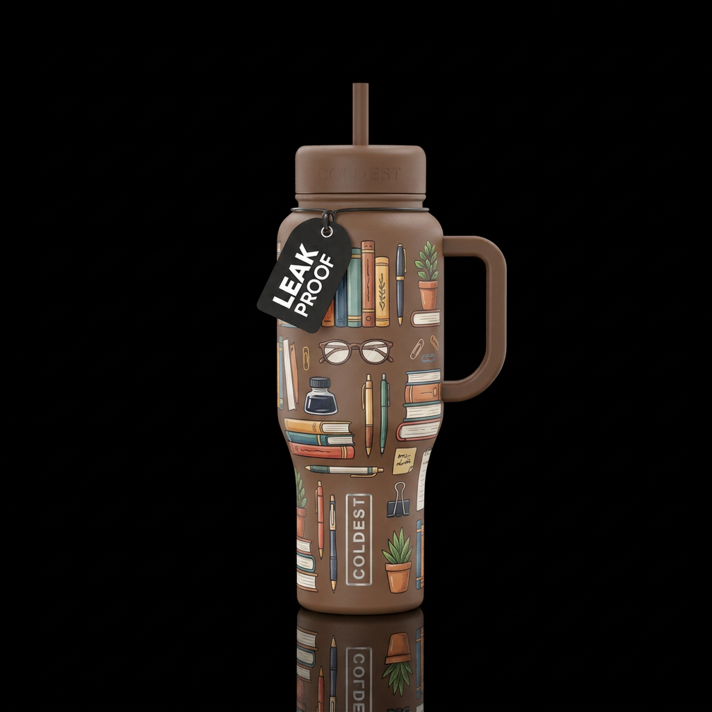 Mocha color bottle, books, pens, glasses, stationa... water bottle design