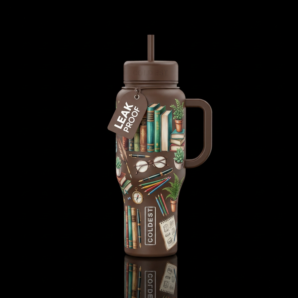 Mocha color bottle, books, pens, glasses, stationa... water bottle design