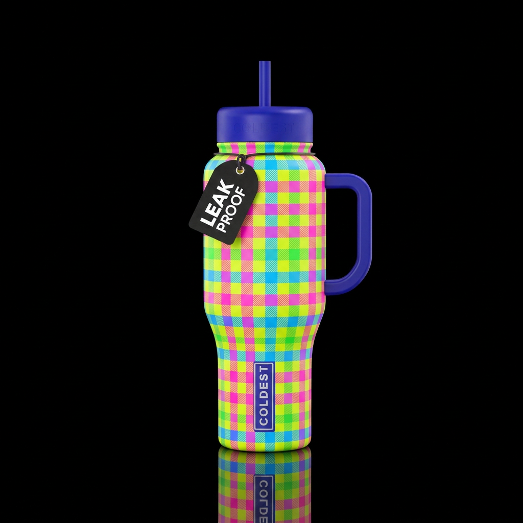 Beautiful gingham pattern with neon colors water bottle design