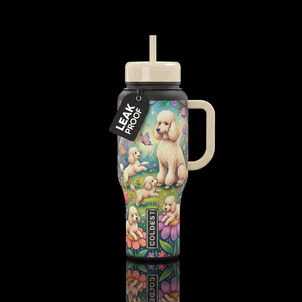 A cream colored Standard poodle playing with her p... water bottle design