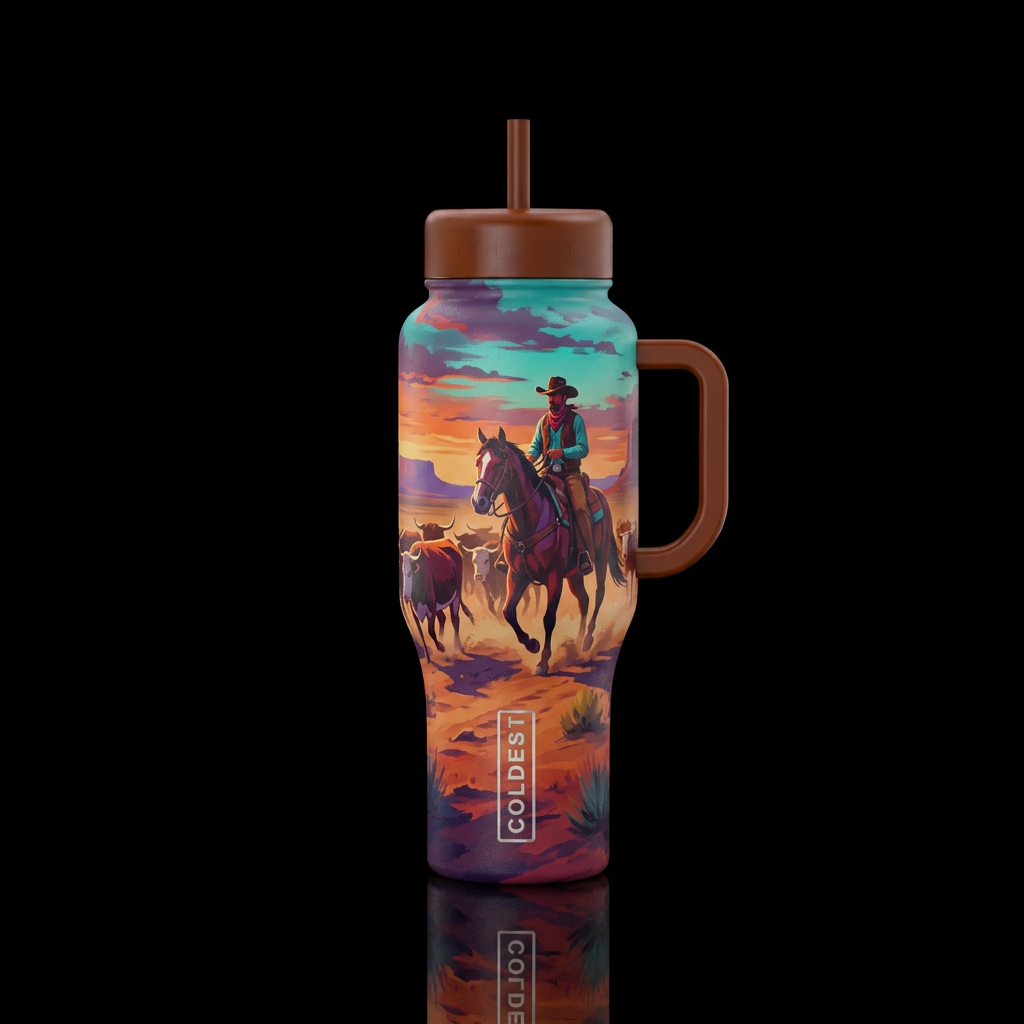 A cowboy moving cattle, vibrant, colorful water bottle design