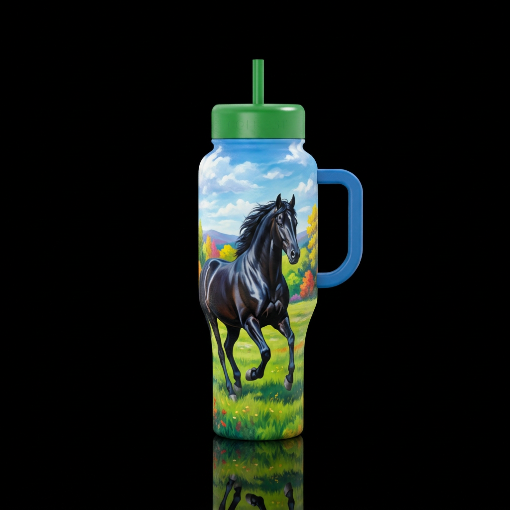 A beautiful black stallion in a field with colorfu... water bottle design